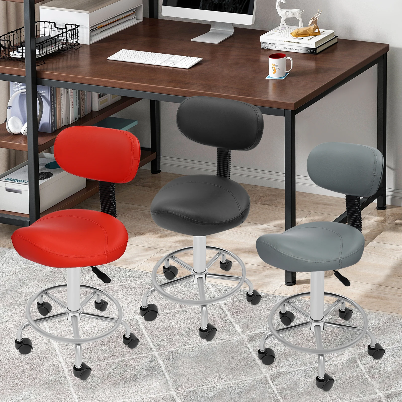 Lift Rotating Bar Stool Seat With Backrest , PU Leather Adjustable Lifting Saddle Stool Chair Seat Red/ Black/ Grey