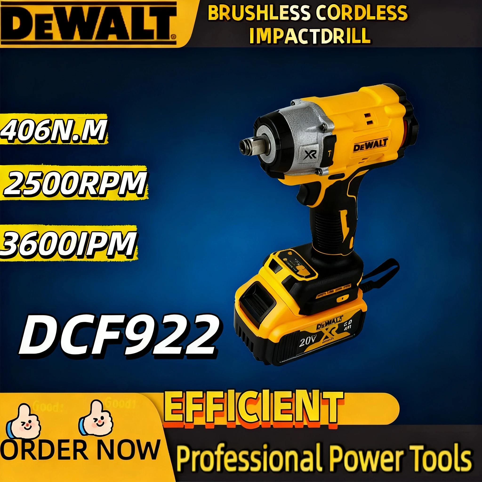 

Dewalt 20V Battery DCF922 Electric Impact Wrench Rechargeable High Torque 406Nm(Reverse) 1/2" 2500 RPM Universal Power Too