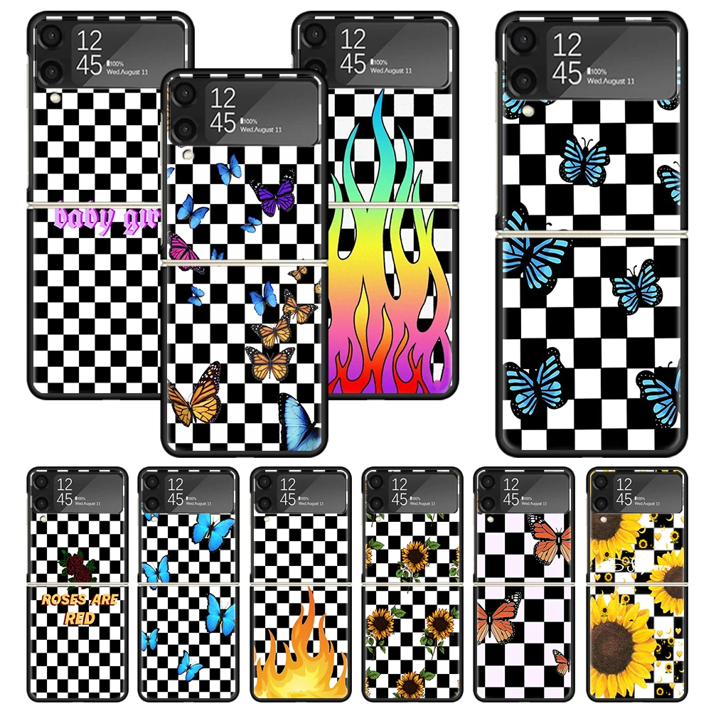 Checkered Sunflowers Butterfly Print Case For Samsung Galaxy Z Flip 3 4 5 5G Black Hard Cell Phone Shell ZFlip3 Flip4 Flip5 Patt