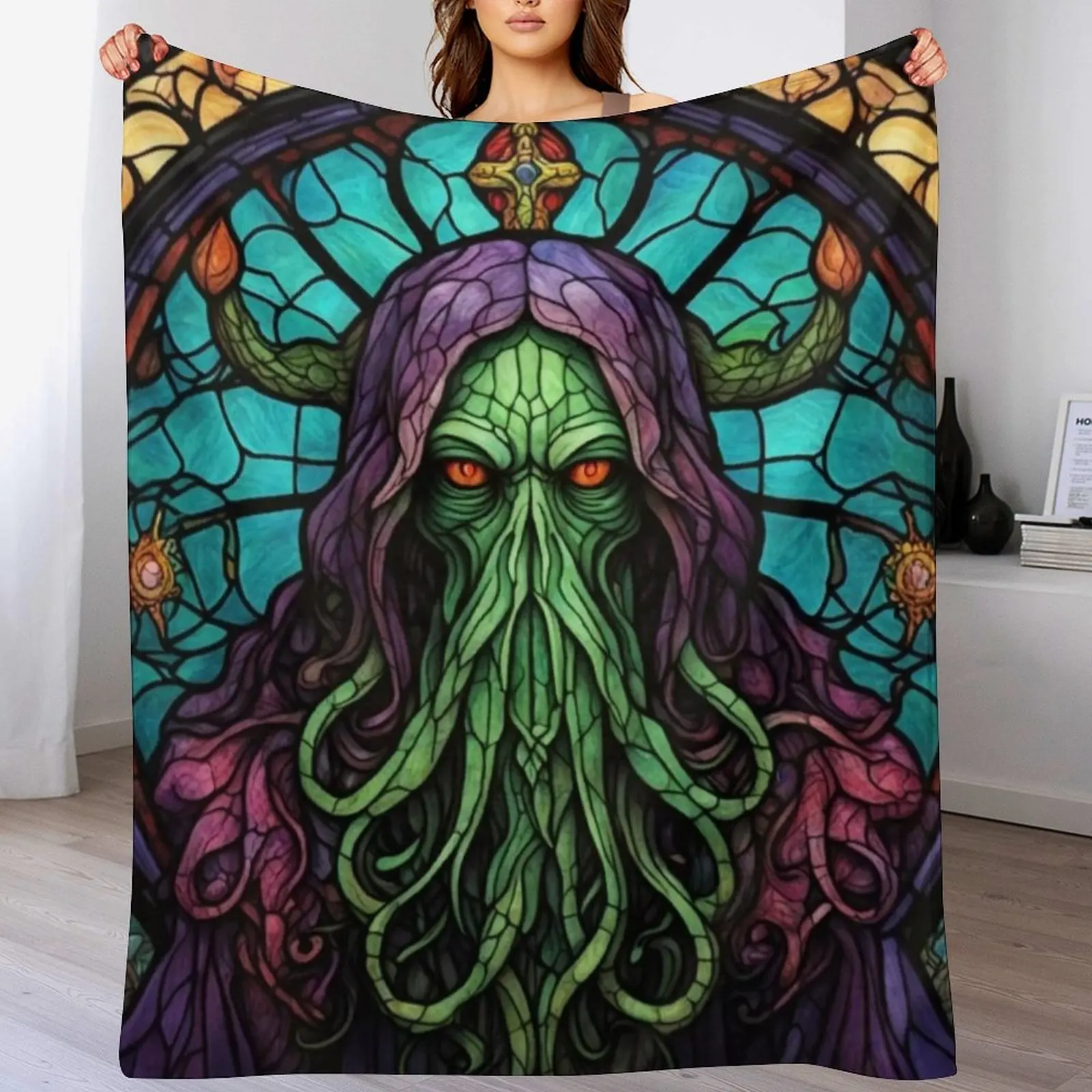 

Cthulhu Stained Glass, Unholy, Lovecraftian, Tentacles, Horror Throw Blanket For Baby Soft Plaid Flannels halloween Blankets