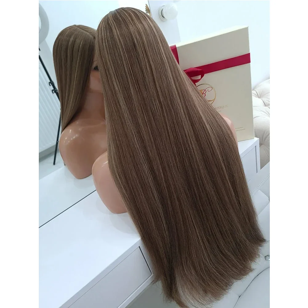 24inch Glueless 180Density Highlight Blonde Straight 5x5 Silk Base Preplucked Jewish Human BabyHair HD Lace Wig European Hair