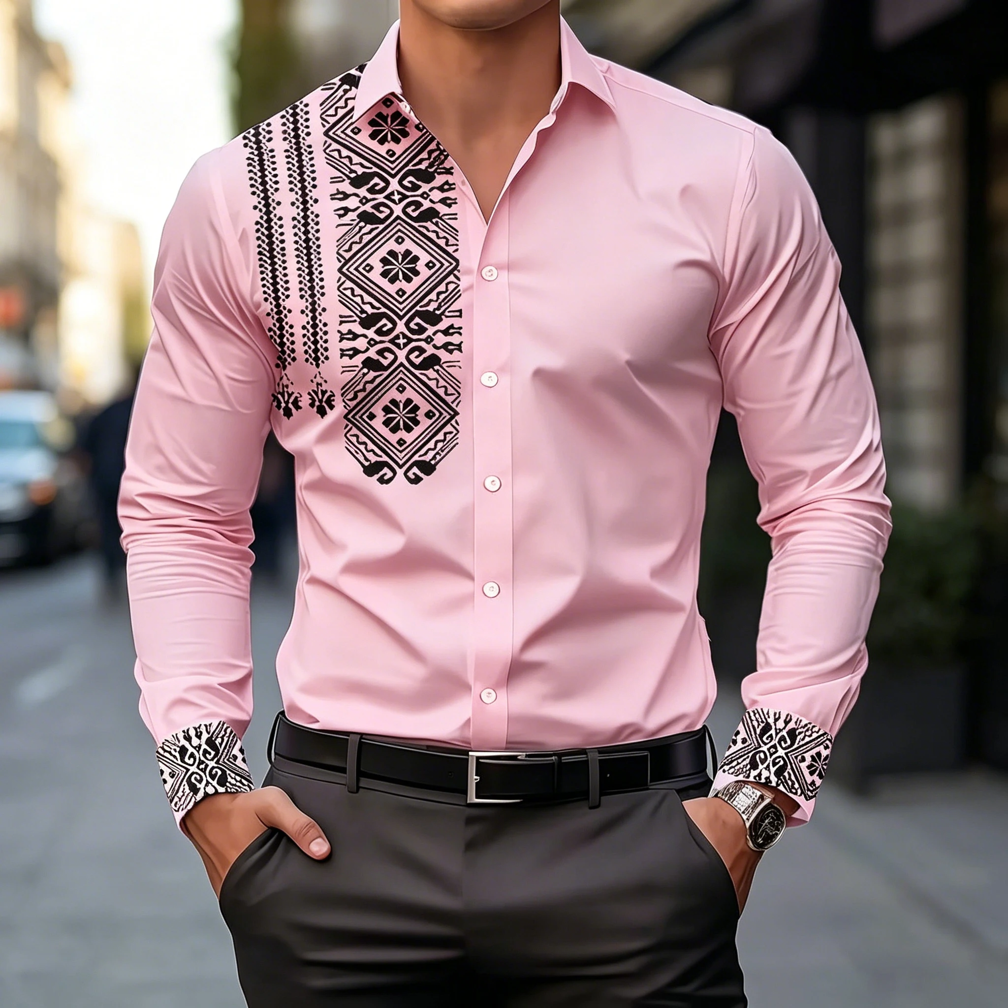 Men's Long-Sleeved Black and White Geometric Print Shirt with Exotic Ethnic Totem Pattern, Suitable for Commuting.