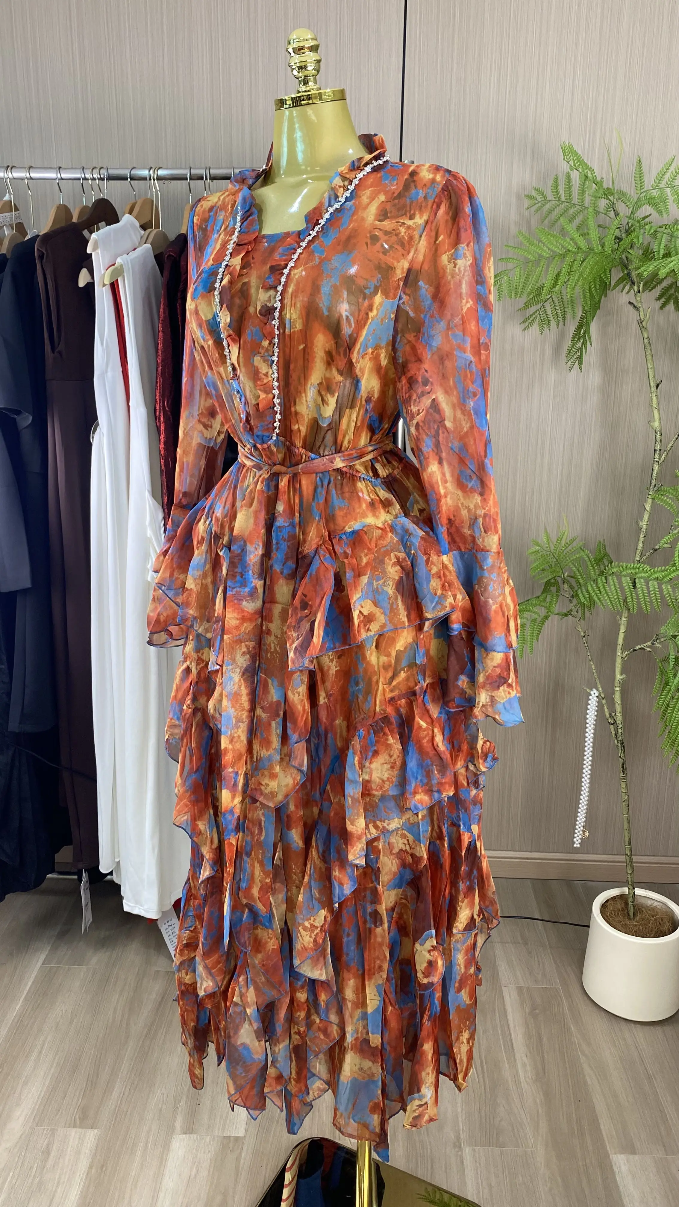 New Women's Spring/Summer Dress: V-Neck, Green Vintage Print, Tiered Ruffles, Beading, and Asymmetrical Hem-GZXX990