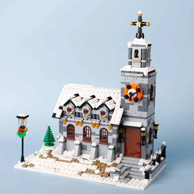 

MOC Winter Church Building Blocks Kit Snow Village Bricks Assemble Toys Gift