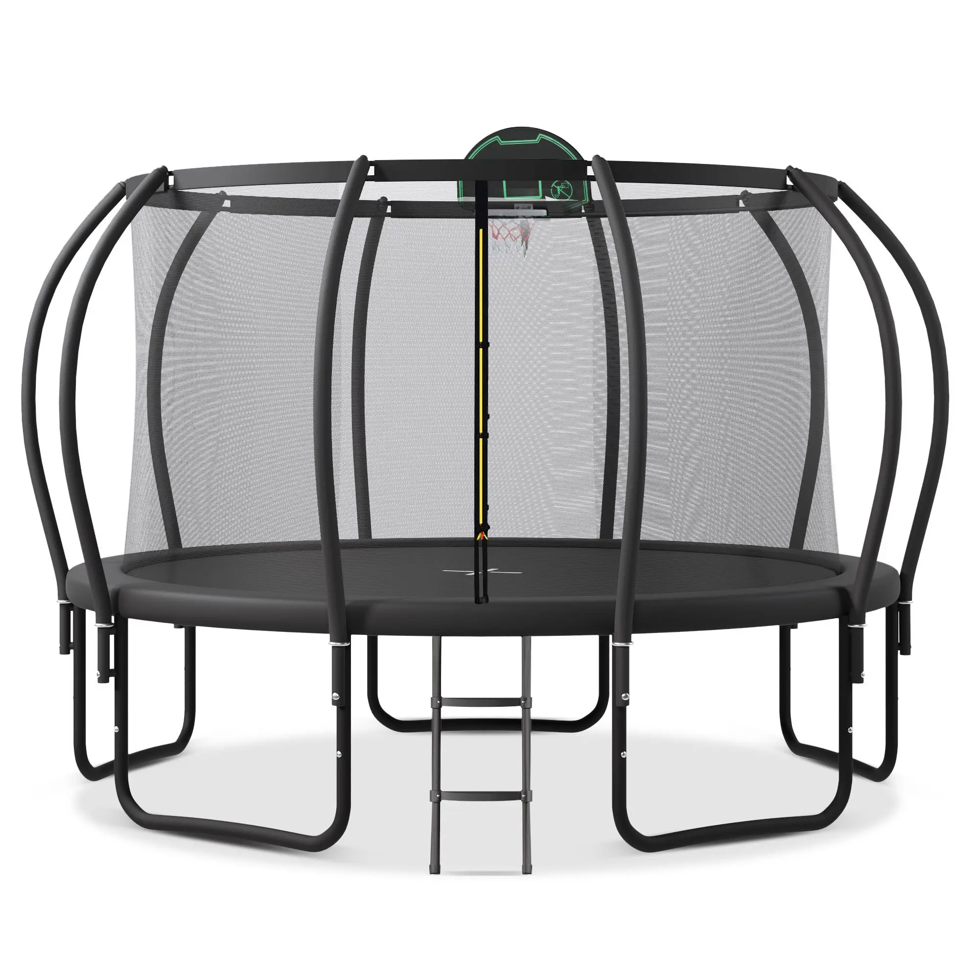 12FT Trampoline for Kids with Upgraded ArcPole and Composite TopLoop for Safety Enclosure, Plus Basketball Board and 10 Ground S