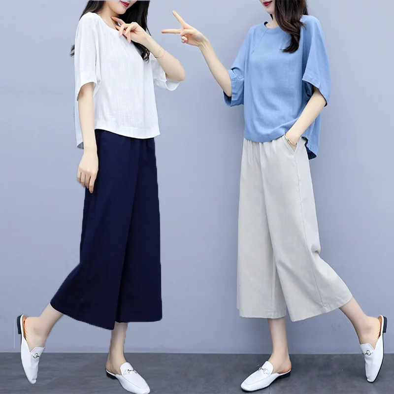 Ensemble 2 pièces en coton et lin pour femme, haut uni et pantalon large, tenue décontractée, nouvelle collection été 2024