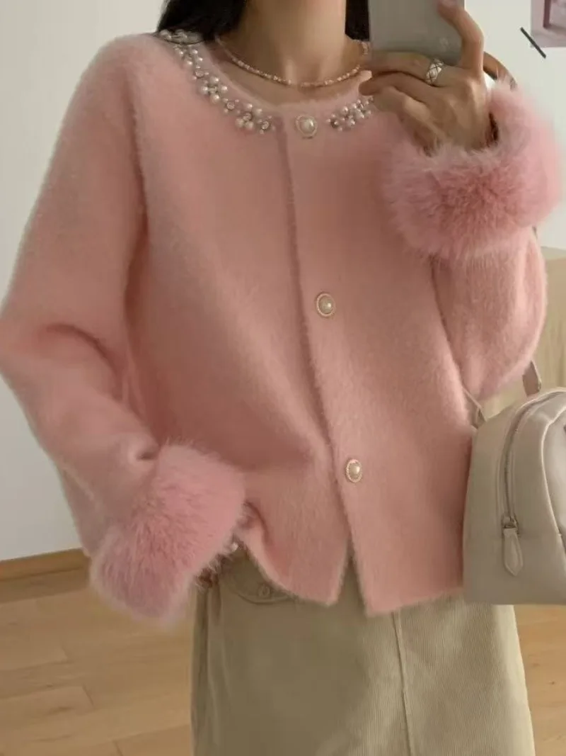 Imitação de vison veludo malha cardigan 2025 outono e inverno novas senhoras frisado camisola casaco feminino manga longa pele cardigan