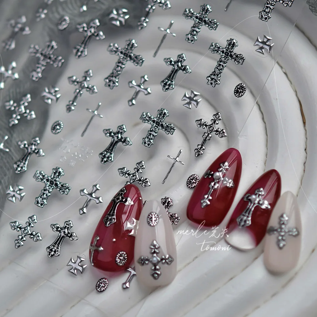 Cool Metal Nail Stickers Dark Retro High-end Cross Nail Art Accessories Stickers Self Adhesive Manicure Decorations Decals DIY