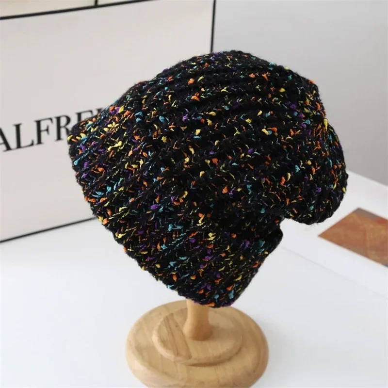 

Корейская женская свободная шапка-бини большого размера, мужская повседневная теплая скользкая шапка для улицы, смешанная вязаная шапка радужного цвета.