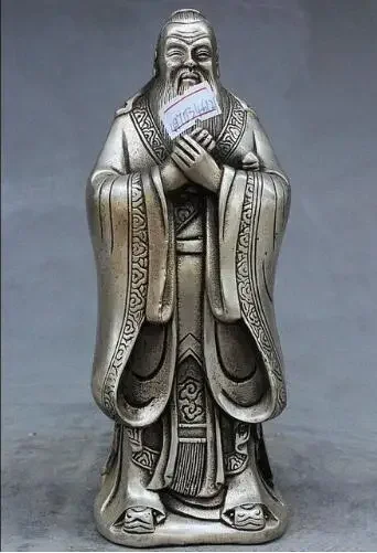 Chinese Great Silver Famous Philosopher KongZi Confucius Statue