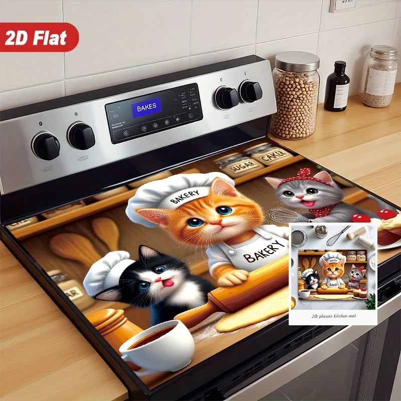 Cartoon Cat Bakers Stove Top Cover, Heat Resistant Non-Slip Mat, Washable 2D Kitchen Stove Decor for Electric & Gas Ranges