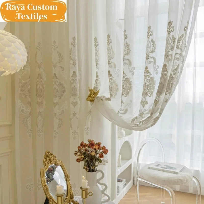 

Custom size！！French light luxury white simple modern embroidered Elegant Curtains for Living dining room bedroom Decor Window