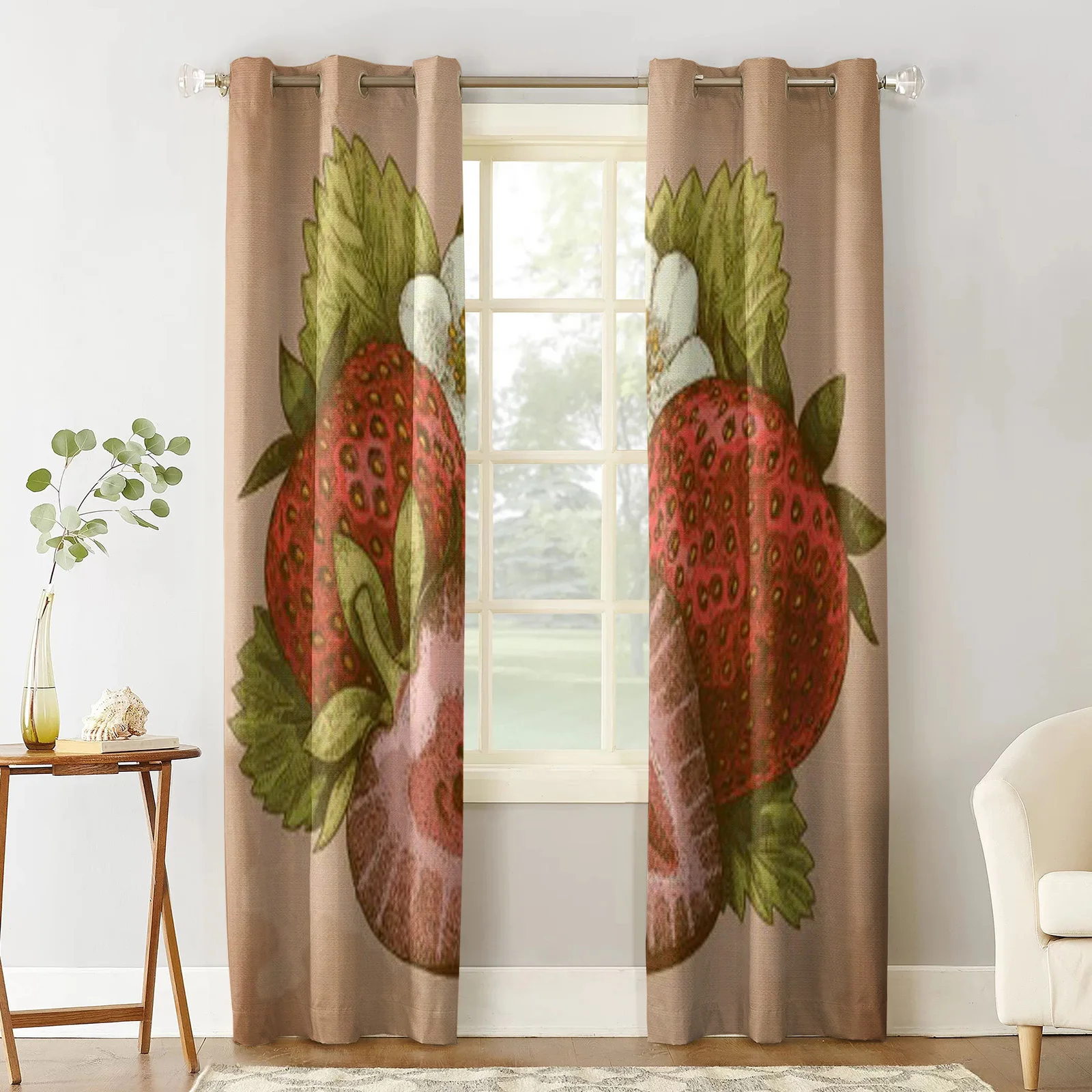 Vector Engraving Antique Illustration Of Strawberry In Retro Style Window Curtains For Home Living Room Bedroom Curtains