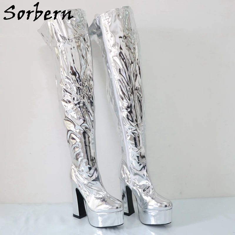 Sorbern Metallic Silver Over The Knee Boots For Women Block High Heel Platform Fetish Boots For Drag Queen Gaga Heels Custom