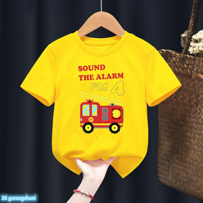 New Sound The Alarm Fire Engine I\'M 2 3 4 5-9 T Shirt Happy Birthday Gift Boys Girls Tshirt Party Gift Kids Clothes Baby Tops