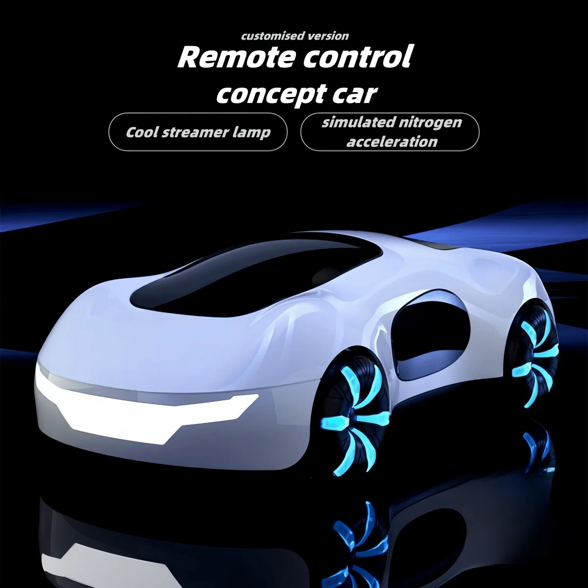 NUEVA coche deportivo genial con doble pulverización con sonido y luces frescas, concepto de ciencia ficción con tracción en las cuatro ruedas, control remoto para niños