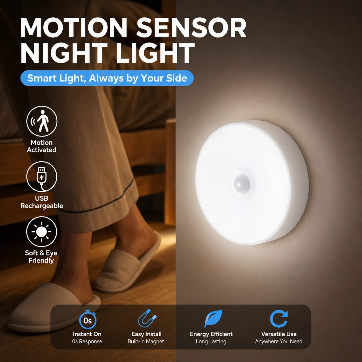 Motion Sensor LED Night Light USB Rechargeable Night Lamp For Kitchen Cabinet Wardrobe Lamp Staircase Wireless Closet Light