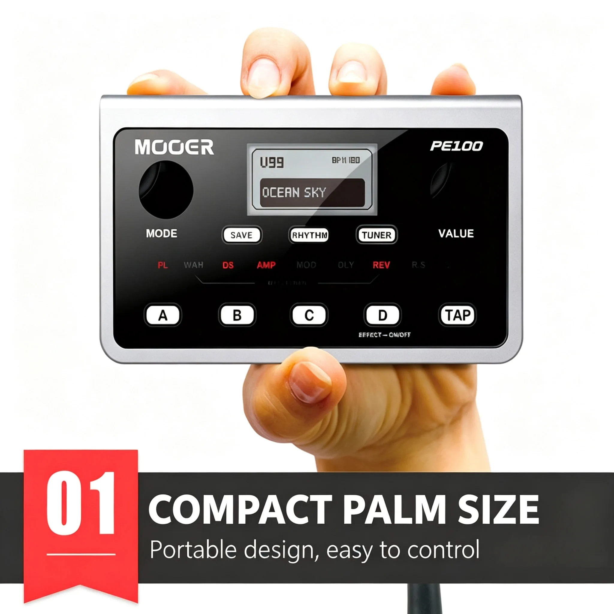 MOOER PE100 Portable Multi-Effects Processor – 39 Effects, Drum Machine, Metronome, Tuner, 99 Factory + 99 User Presets