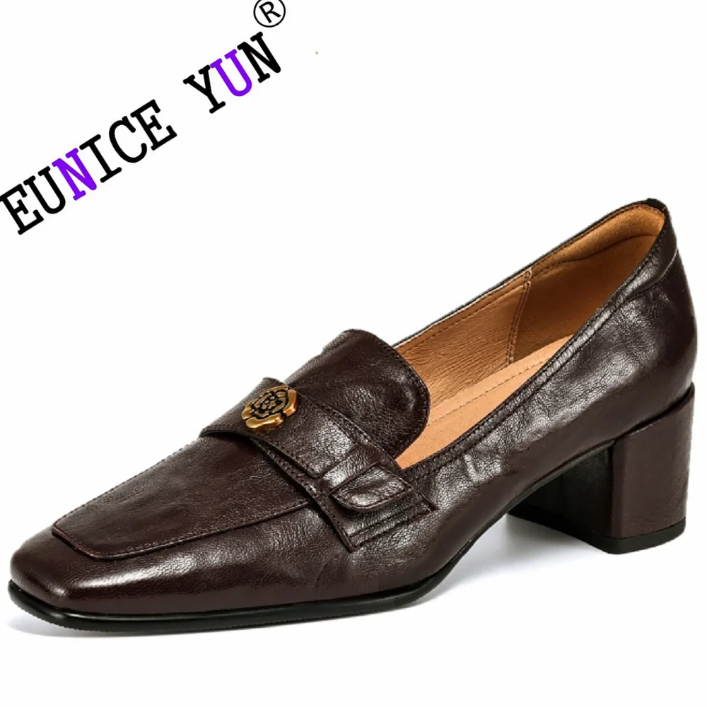 

【EUNICE YUN】women's genuine leather square toe Mid loafers style female high quality soft comfortable 34-41