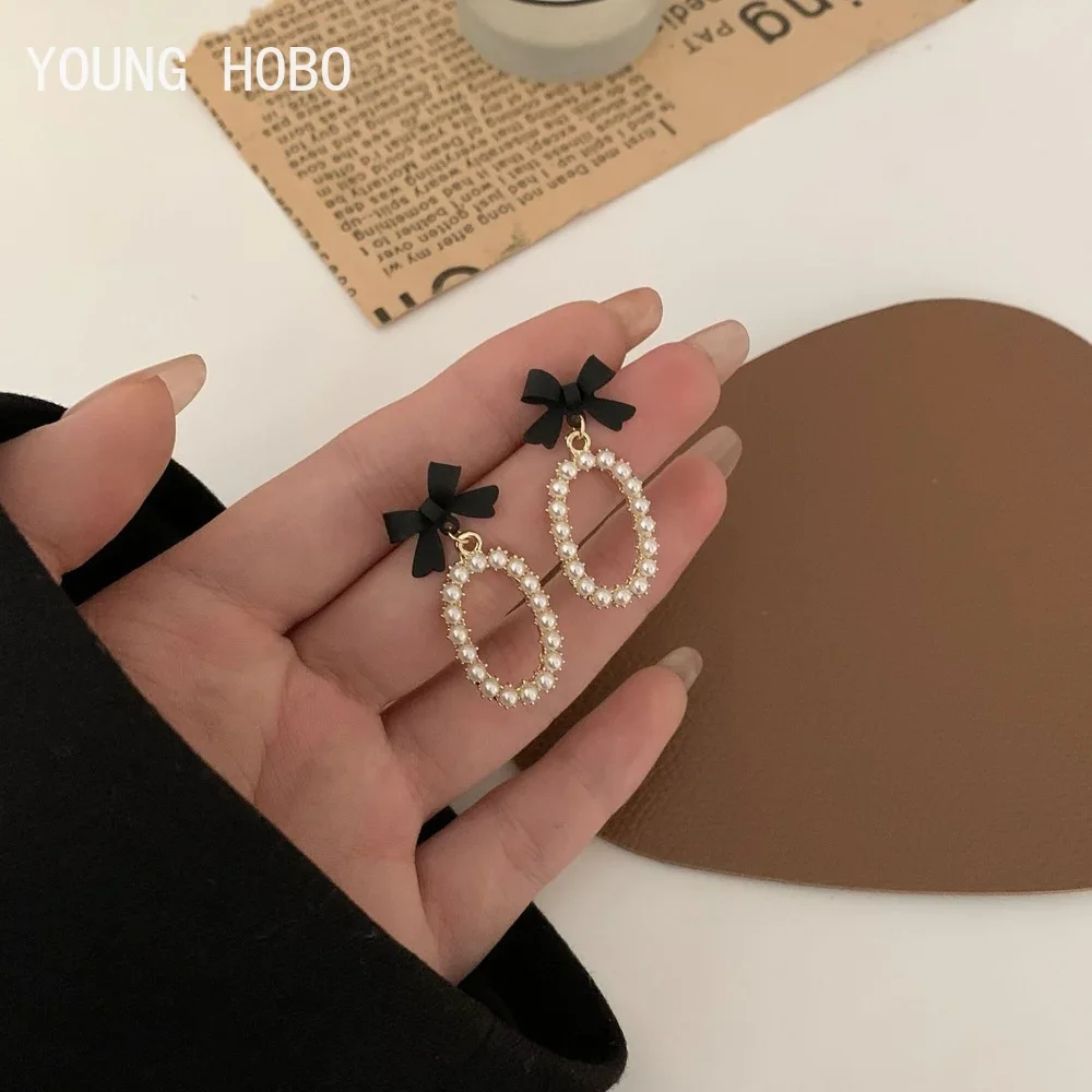 Женские серьги-гвоздики YOUNG HOBO, серьги из серебра 925 пробы с бантом и кристаллами, милые черные серьги-подвески с бантом, ювелирные украшения для вечевечерние, подарки