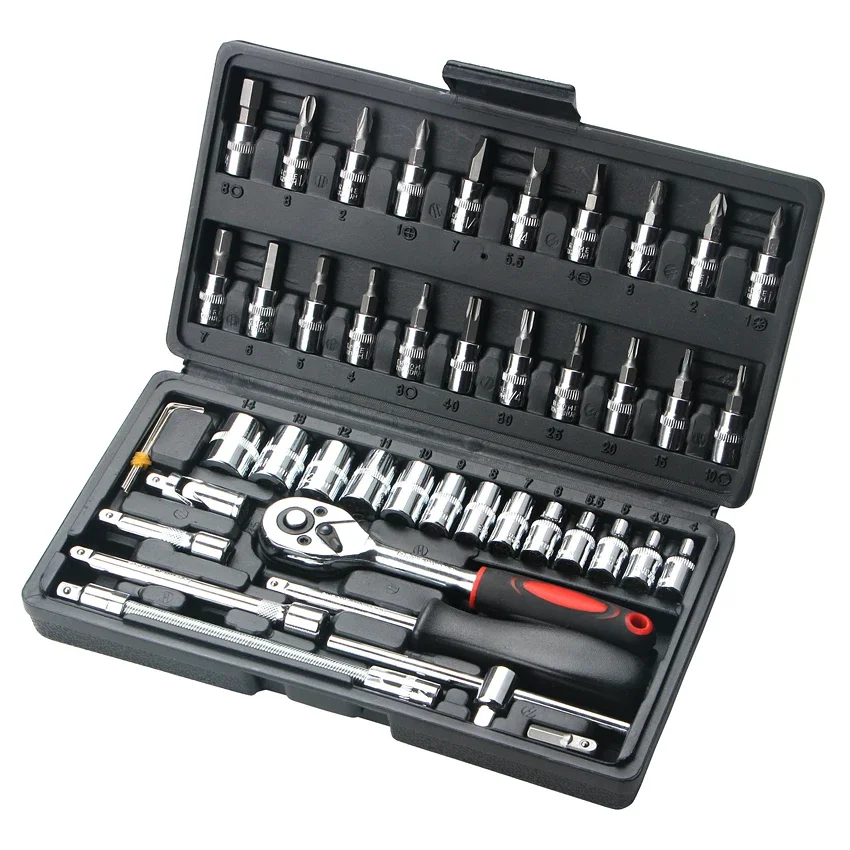 46Pcs Combination Tool Kit 1/4 Ratchet Wrench Socket Screwdriver With Plastic Toolbox Spanner Household Car Repair Hand Tool Set