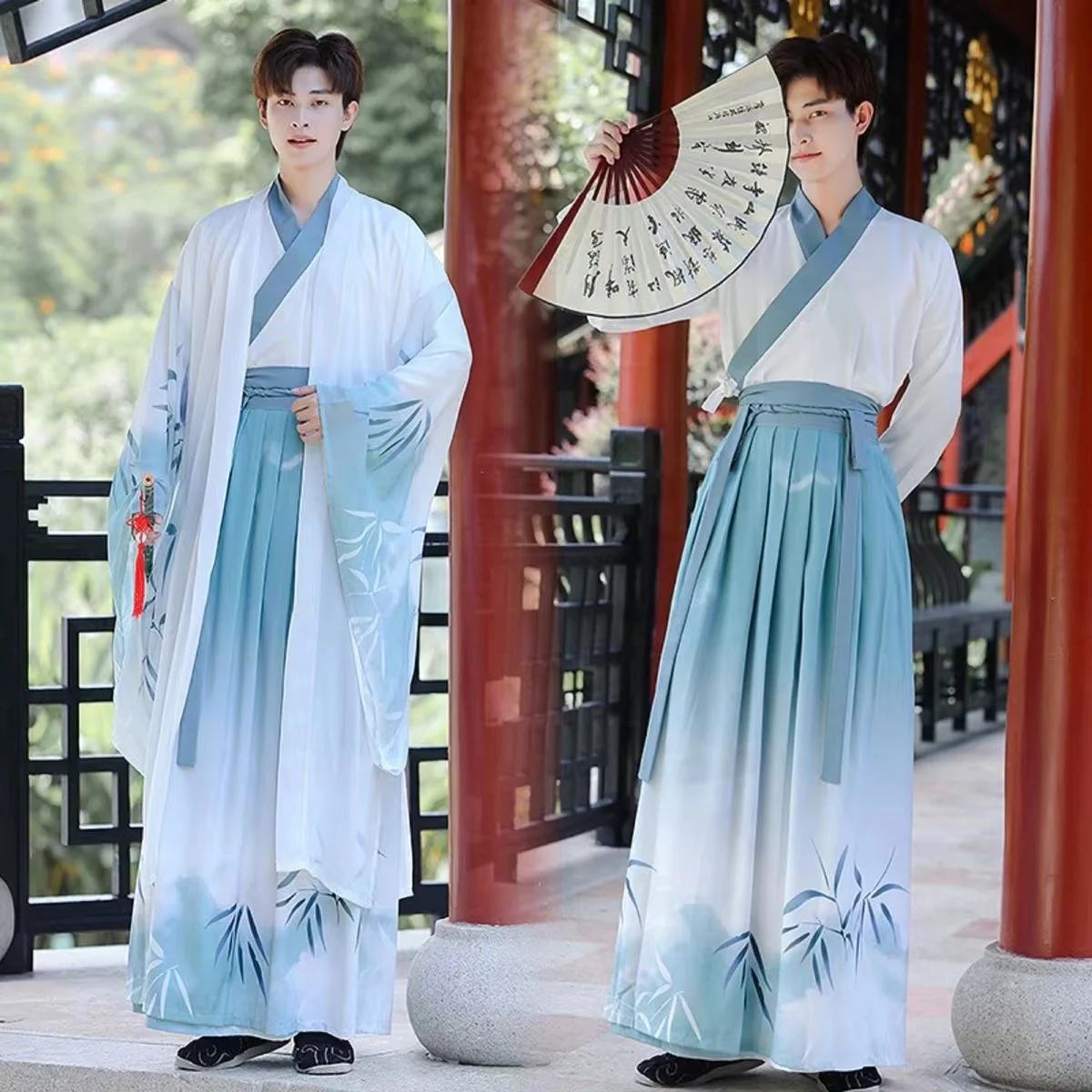 

Chinese Hanfu Men Halloween Ancient Scholar Cosplay Costume Vintage Hanfu Blue Shirt+Skirt+Jacket 3pcs Sets Plus Size 2XL