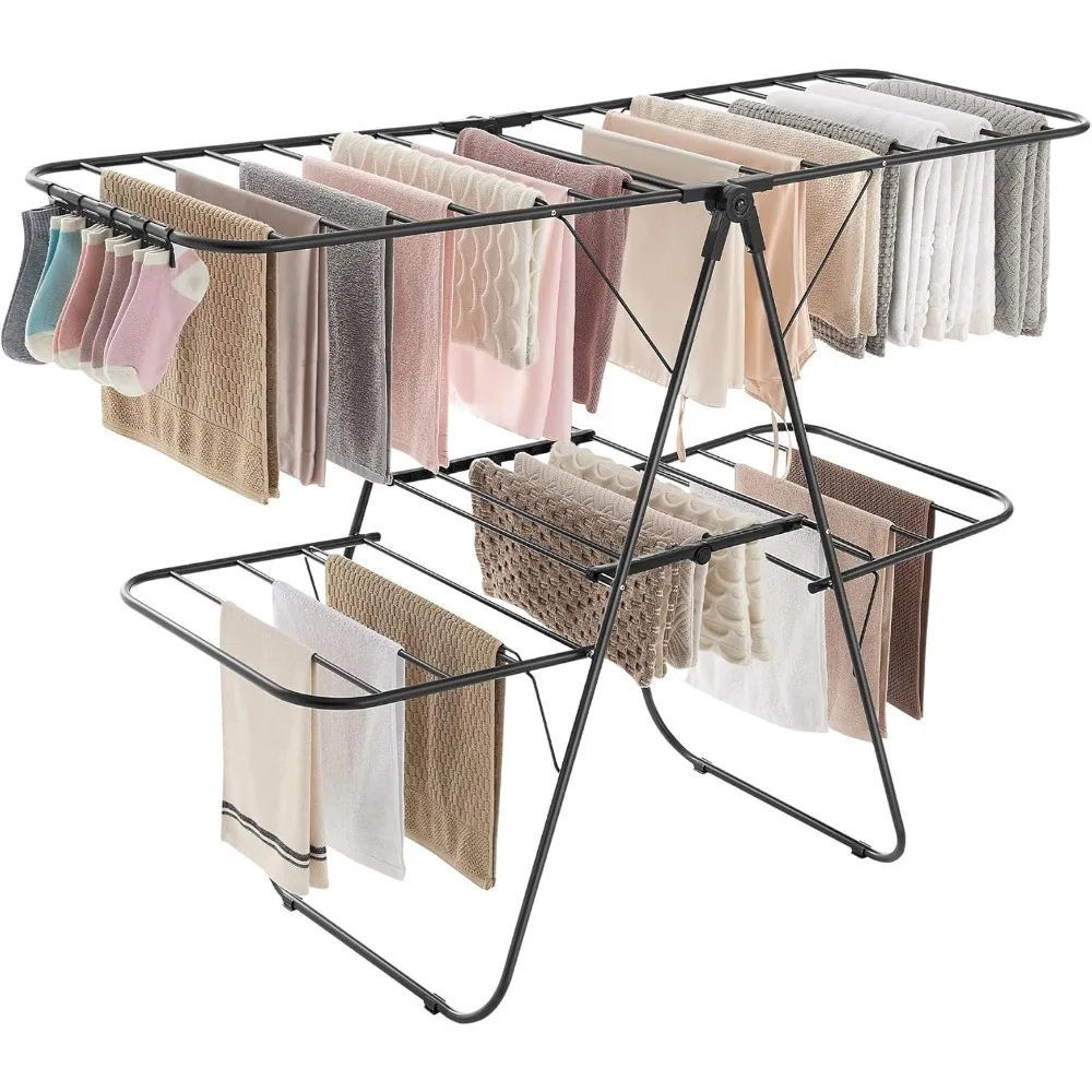 

Clothes Drying Rack, Foldable 2-Level Laundry Drying Rack, Free-Standing Laundry Airer, with Height-Adjustable Wings, 3