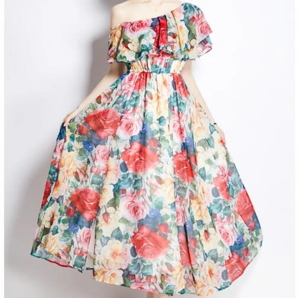 Retro Elegant  off shoulder Ruffle Print chiffon Dress korean fashion A-line Casual High Waist Women summer Beach dresses