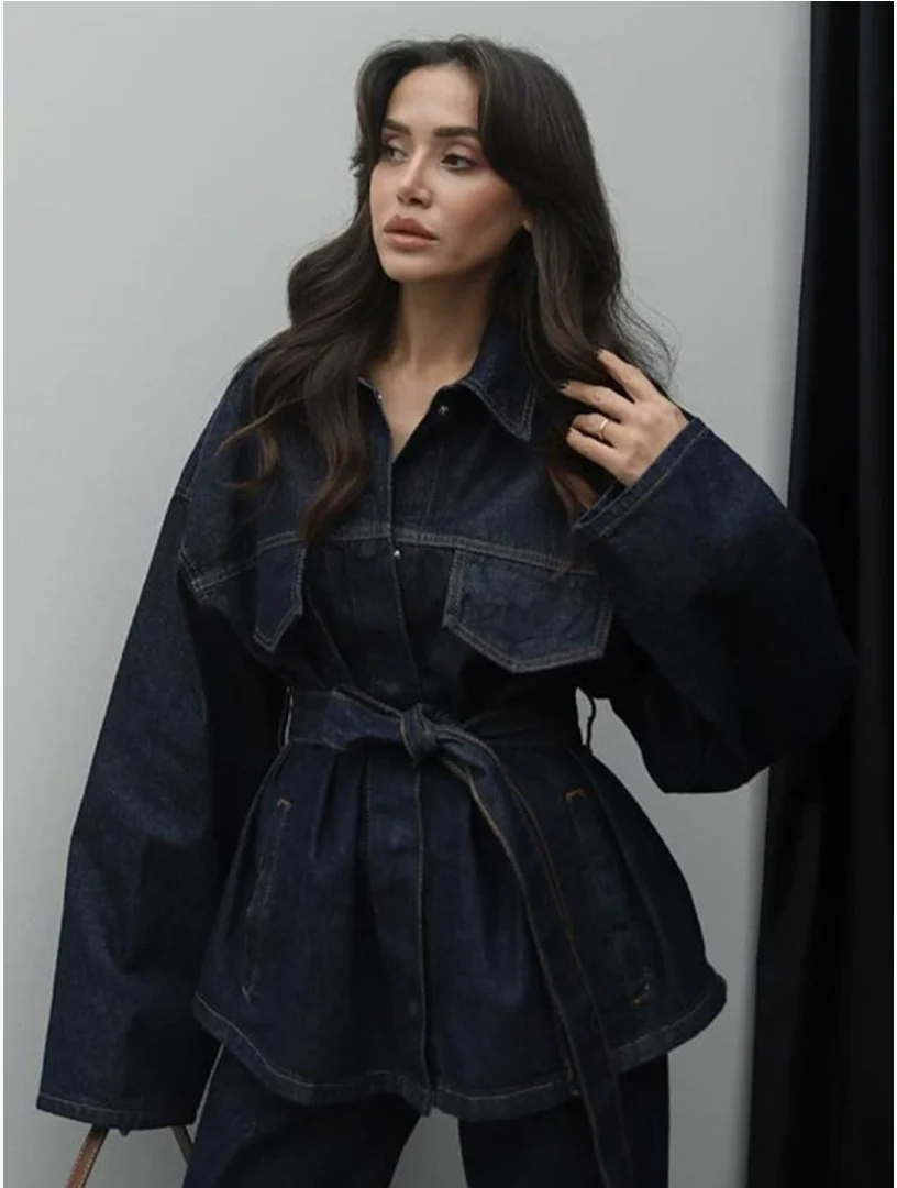 

Denim Suit Vintage Denim Jacket Jeans Belt Button Lapel New Style 2025 Traffic Zara Tops Woman Clothes Women's Jeans On Sale