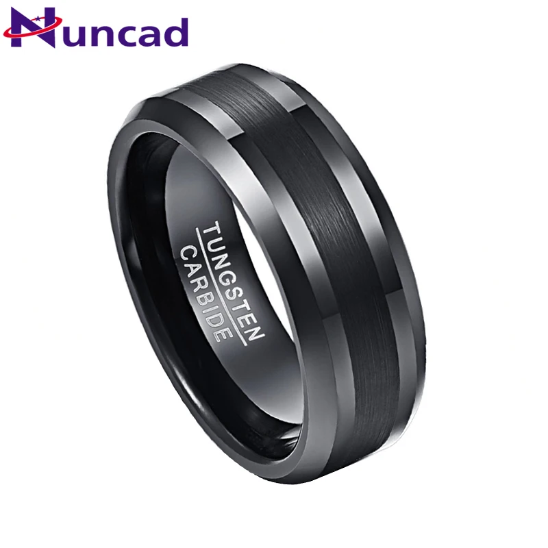 NUNCAD 8mm Tungsten Carbide Black Wedding Engagement Band Brushed Center Men's Ring Beveled Edge Comfort Fit Size 7-12 T018R