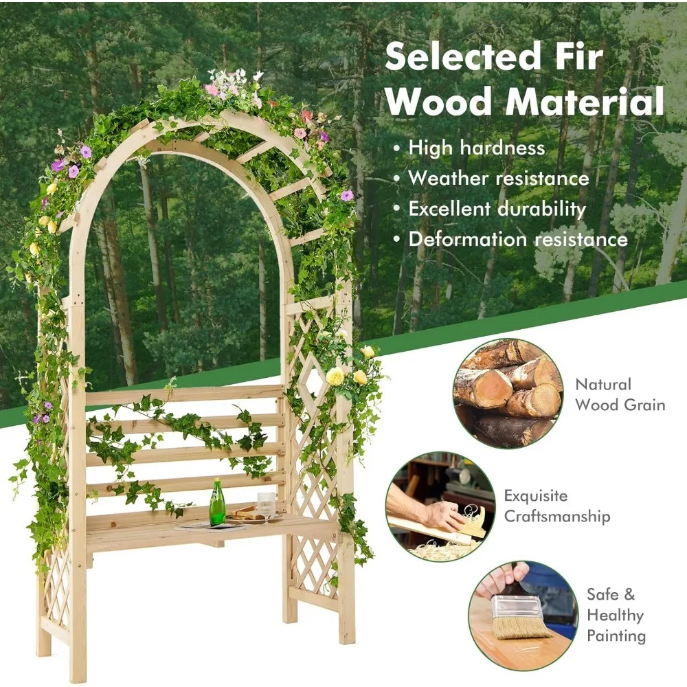 81in Garden Arch with 2-Person Bench, Wooden Garden Arbor Archway Trellis for Climbing Plants, Outdoor Wedding Arches Pa