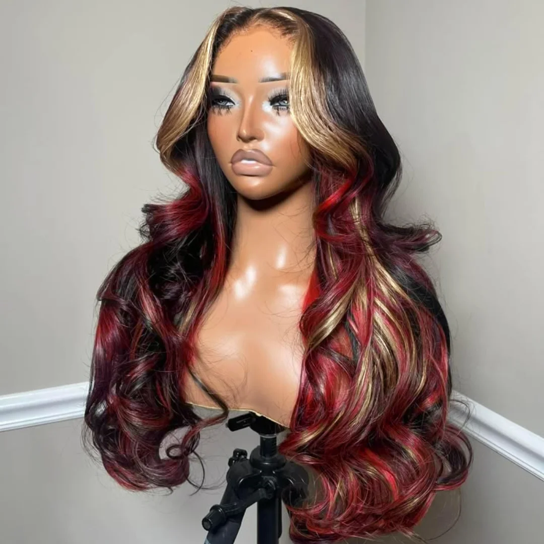 

13X6 HD Парик фронтальной части шнурка Черный с красным блондинком Выделенный парик 200% Плотность Синтетические парики фронта шнурка 13X6 Объемная волна Женский парик
