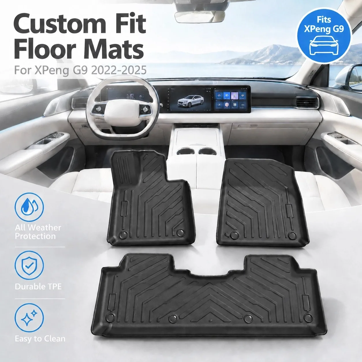 Tappetini per auto in TPE sagomati su misura 3D, 3 pezzi LHD per Xpeng G9 2022‑2025, impermeabili, inodore, antiscivolo, per tutte le stagioni, protezione interna completa