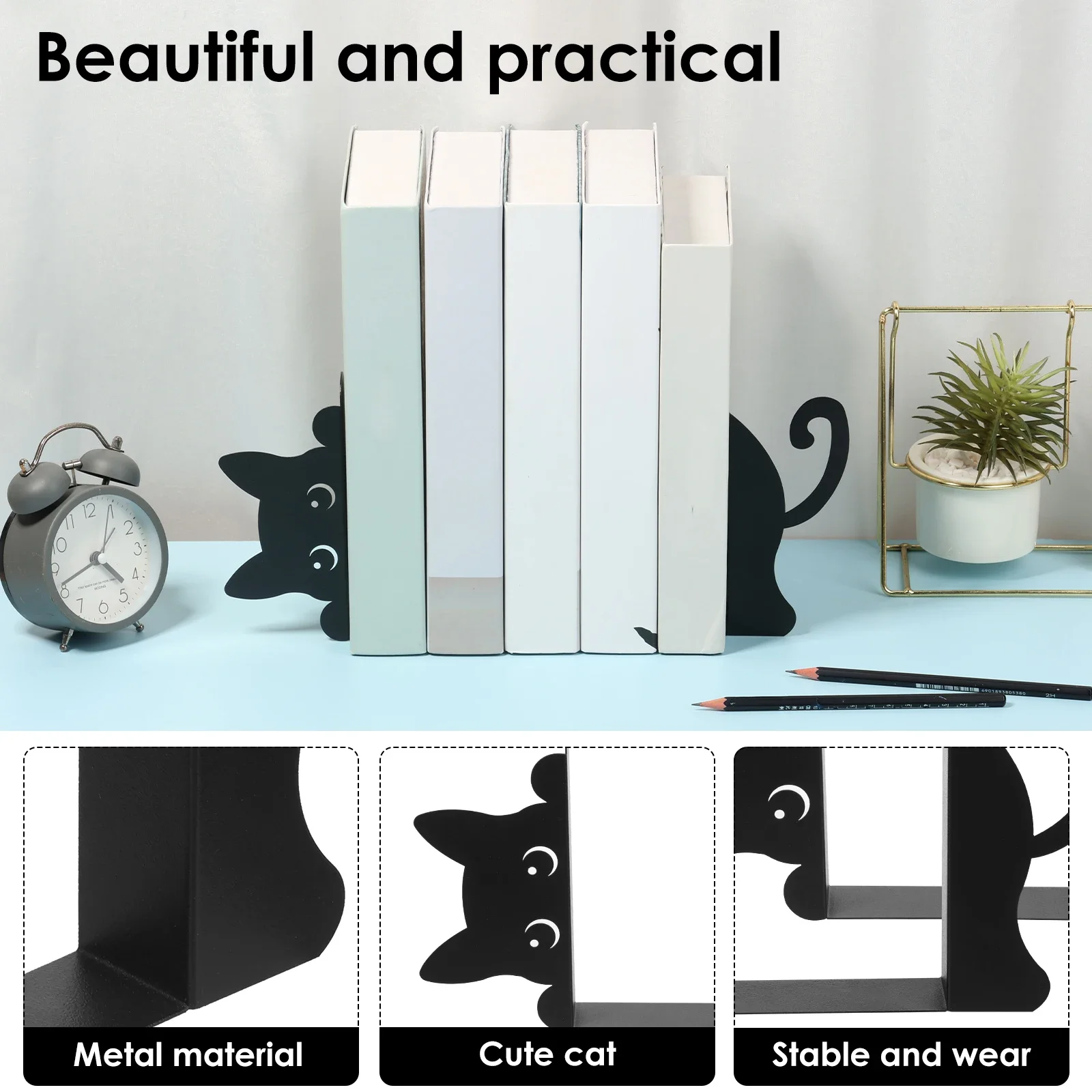 Metal Peeping Cat Bookends Creative Cat Book Ends for Shelves for Heavy Books Decorative Cat Book Holder Home Office Desk Decor