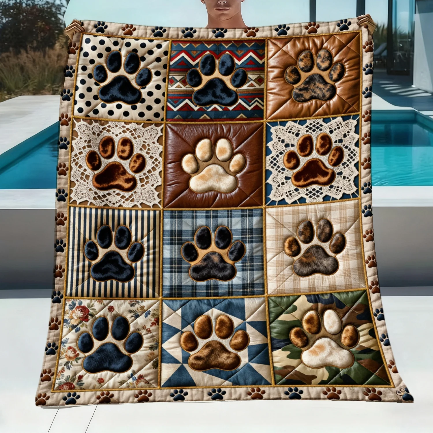 Retro Patchwork Animal Paw Blanket  Faux Quilt Grid Dog Footprint Flannel Throw Blanket Cute Pet Owner Decorative Blanket