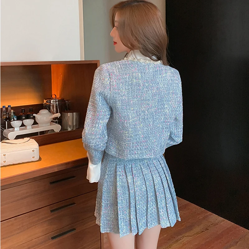 Fashion Leisure Suit Women\'s Spring  Autumn 2025 New Tweed Coat+Pleated Skirt Two-Piece Female Korean Loose Long-Sleeved Suits