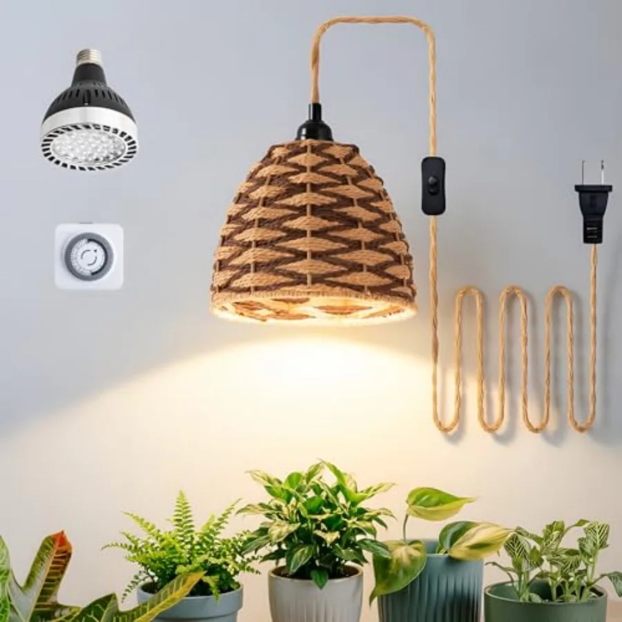 

30W Hanging Grow Light for Indoor Plants 3500 Lumens Full Spectrum Pendant Lamp with Timer Hand-Woven Paper Rope Shade 4000K De