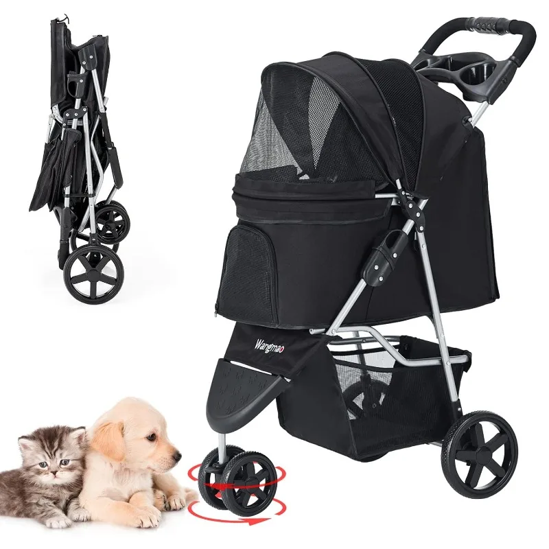 Cat Dog Stroller with Storage Basket Foldable Lightweight Pet Carrier Trolley Jogging Stroller, 3 Wheel