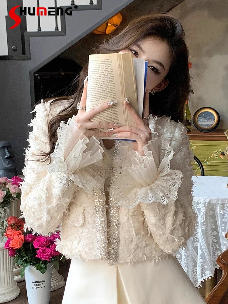 

Women's 2024 Autumn New Jackets Bead Splicing Trendy Cardigan Small Fragrant Coats Bead Tassel Lace Cotton Thickened Short Coat