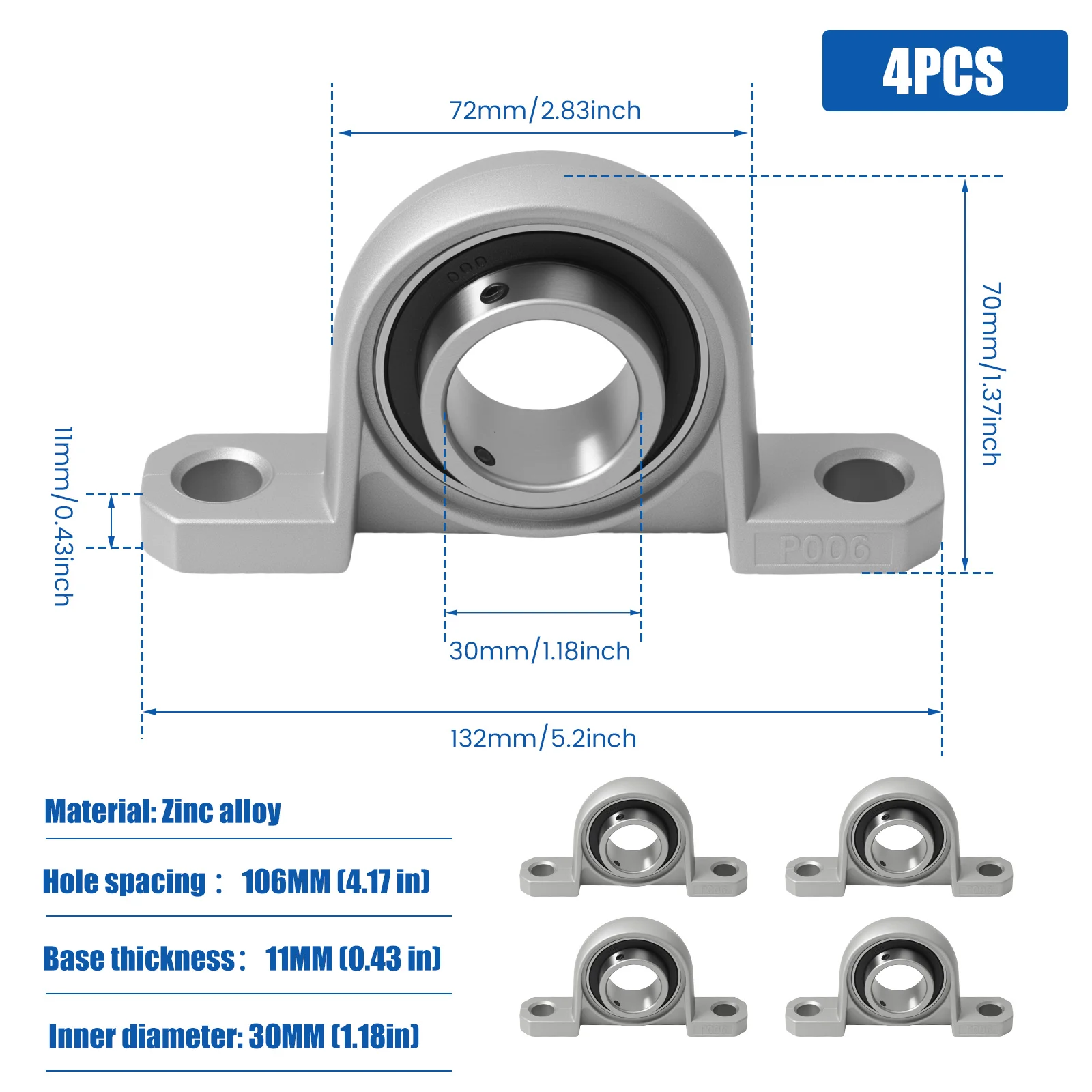 4Pcs Zinc Alloy Flange Bearing Inner High Strength Pillow Block Set Wear Resistant Insert Bearing Block Precision for 3D Printer
