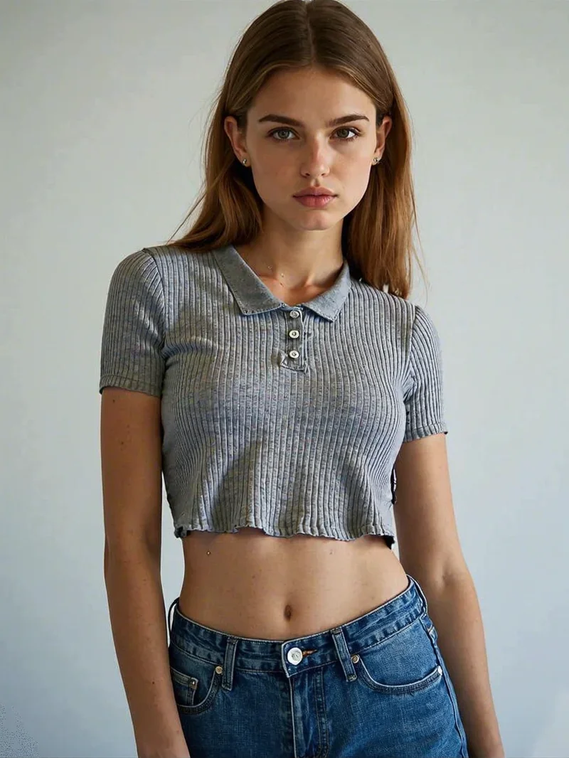 

Women Knit School Polo Neck Cropped Shirt Summer Short Sleeve Youthful Solid Color Crop Top Female Basic Blouse Lady Pullover