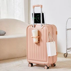 New fashionable luggage, thickened suitcase, suitable for boarding, with USB charging interface, foldable cup holder, hooks, etc