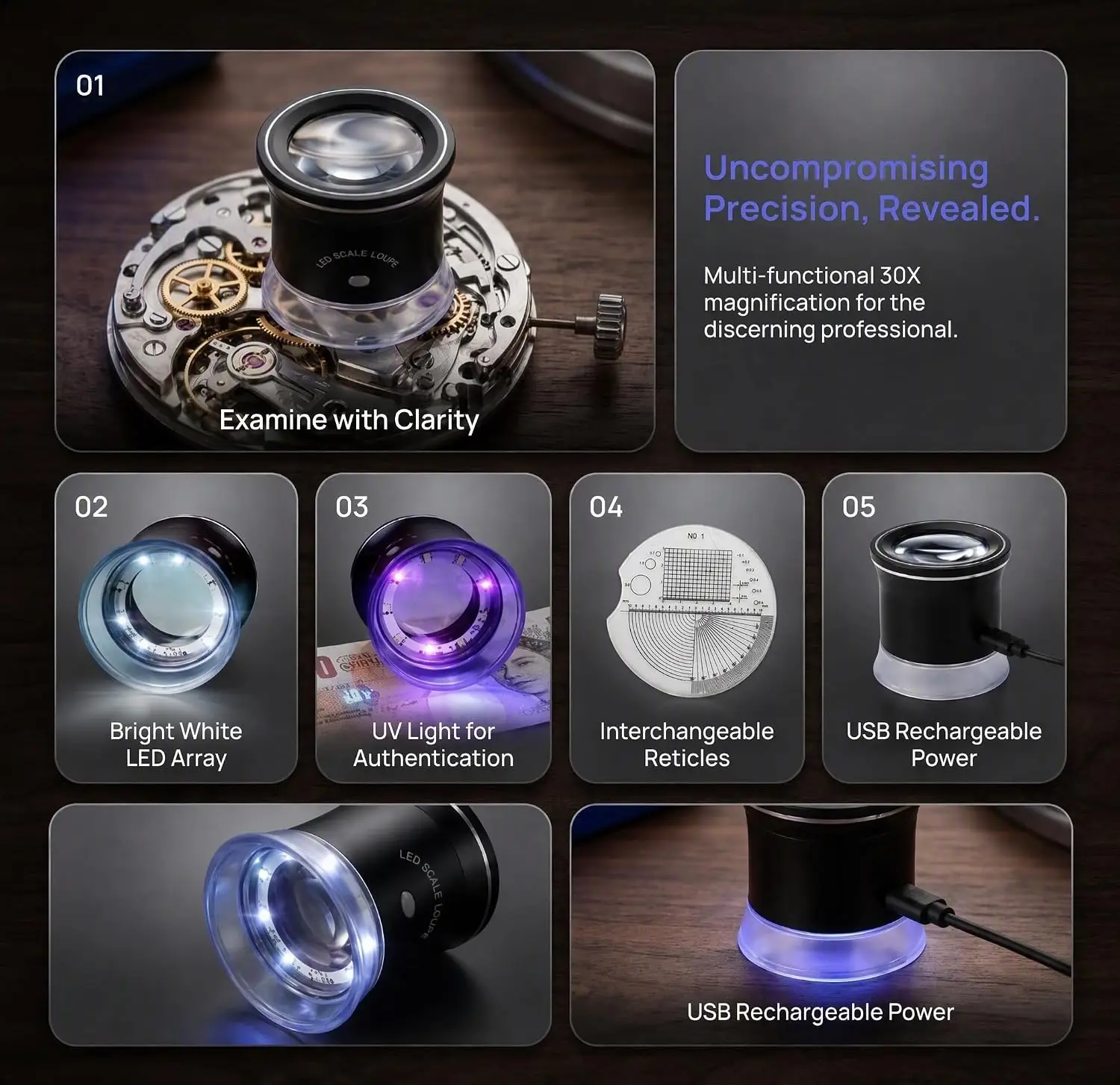Portable 30X Scale Magnifying Glass with 6 LED & 3 UV Lights - Rechargeable USB Jewelry Loupe for Stamp, Coin, and Antique