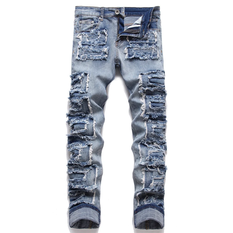 

Punk Trend Blue Hole Slim Seans 2022 New Autumn Stickers Fashion Biker Pencil Pants Mid-Waists Casual Men Clothing