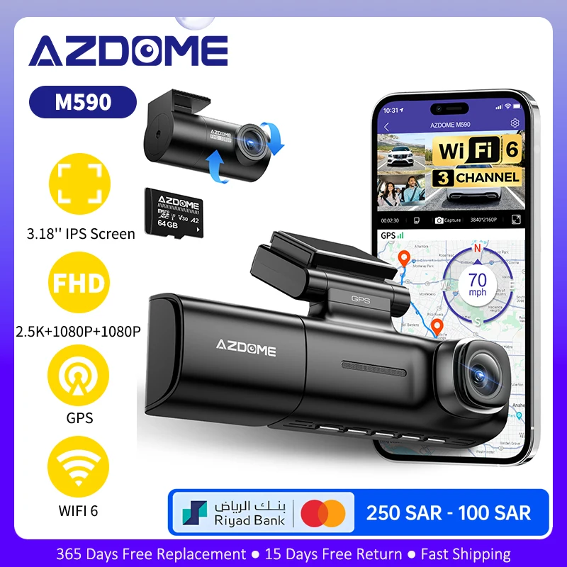 Câmera de painel AZDOME M590 para carros Câmera de carro de 3 canais GPS WiFi 2.5K + 1080P * 2 Dash Cam com cartão de 64 GB Monitor de estacionamento Visão noturna