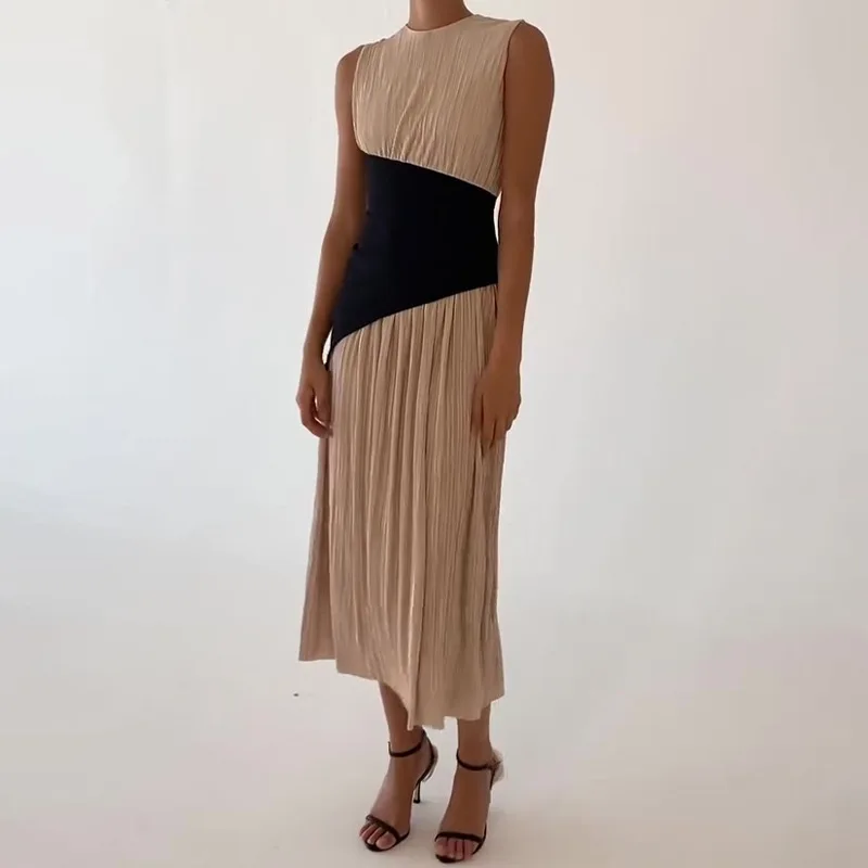 2025 봄 여름 신상 여성 의류 플리츠 불규칙 블랙 패치워크 민소매 타이트 롱 드레스