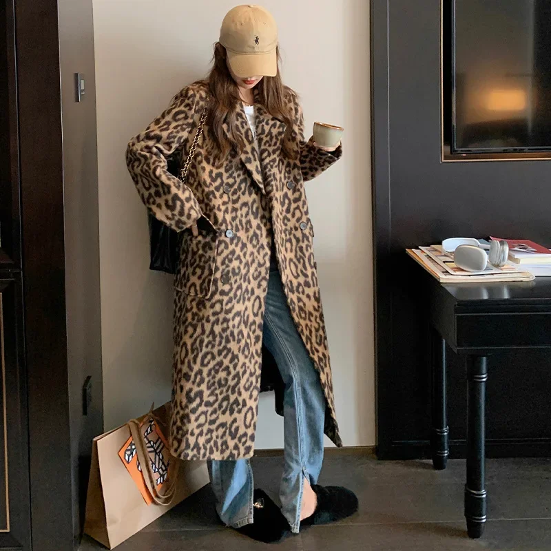 

Wholesale fashion fried street leopard print woolen jacket women's long knee autumn and winter Korean version loose thickened