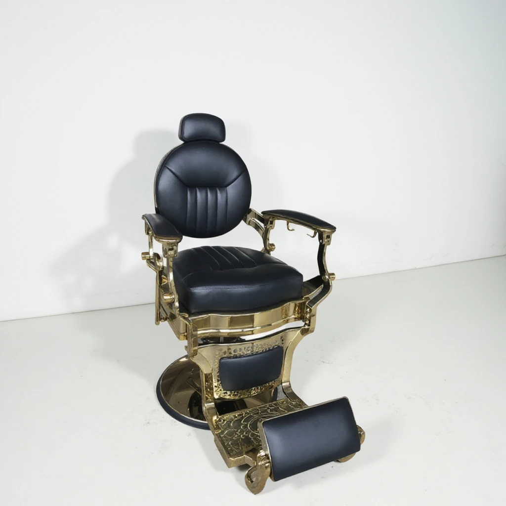 Luxurious Black Gold Round Base Antique Style Barber Chair Hydraulic Pump Heavy Duty Reclining Salon Styling Chair