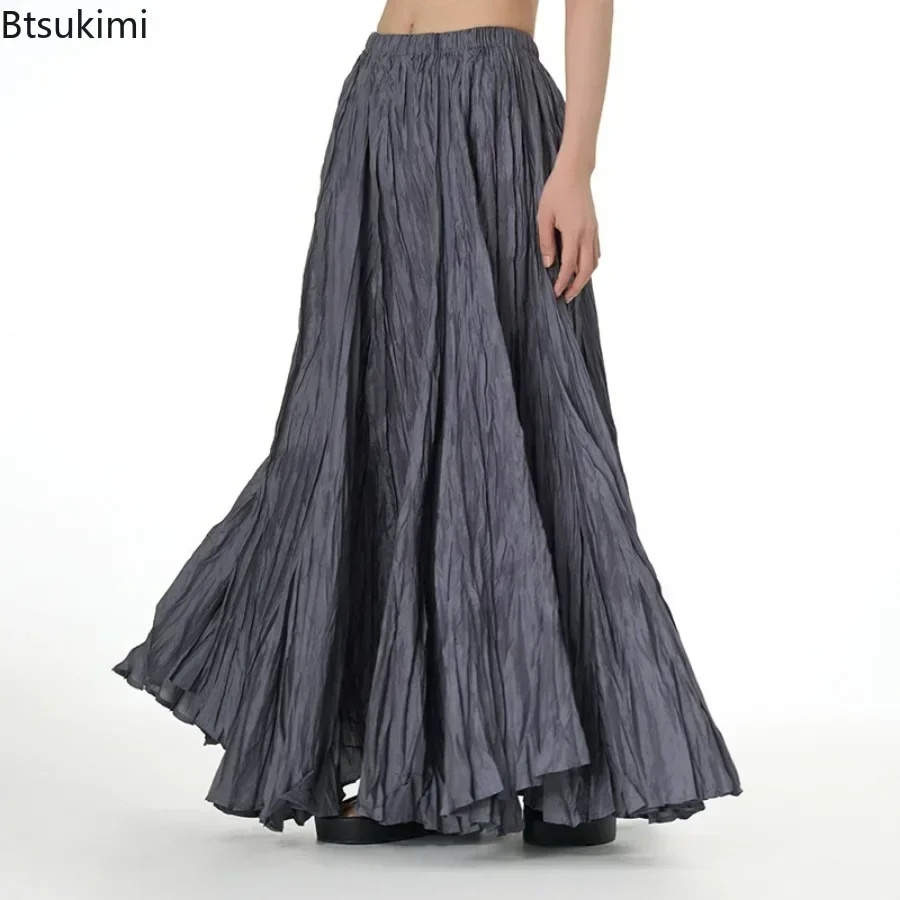 2024 Women\'s Elegant Drape Crumpled Skirts Summer Elastic Waist Big-Hem Long Skirts Large Size Loose Umbrella Skirts Streetwear