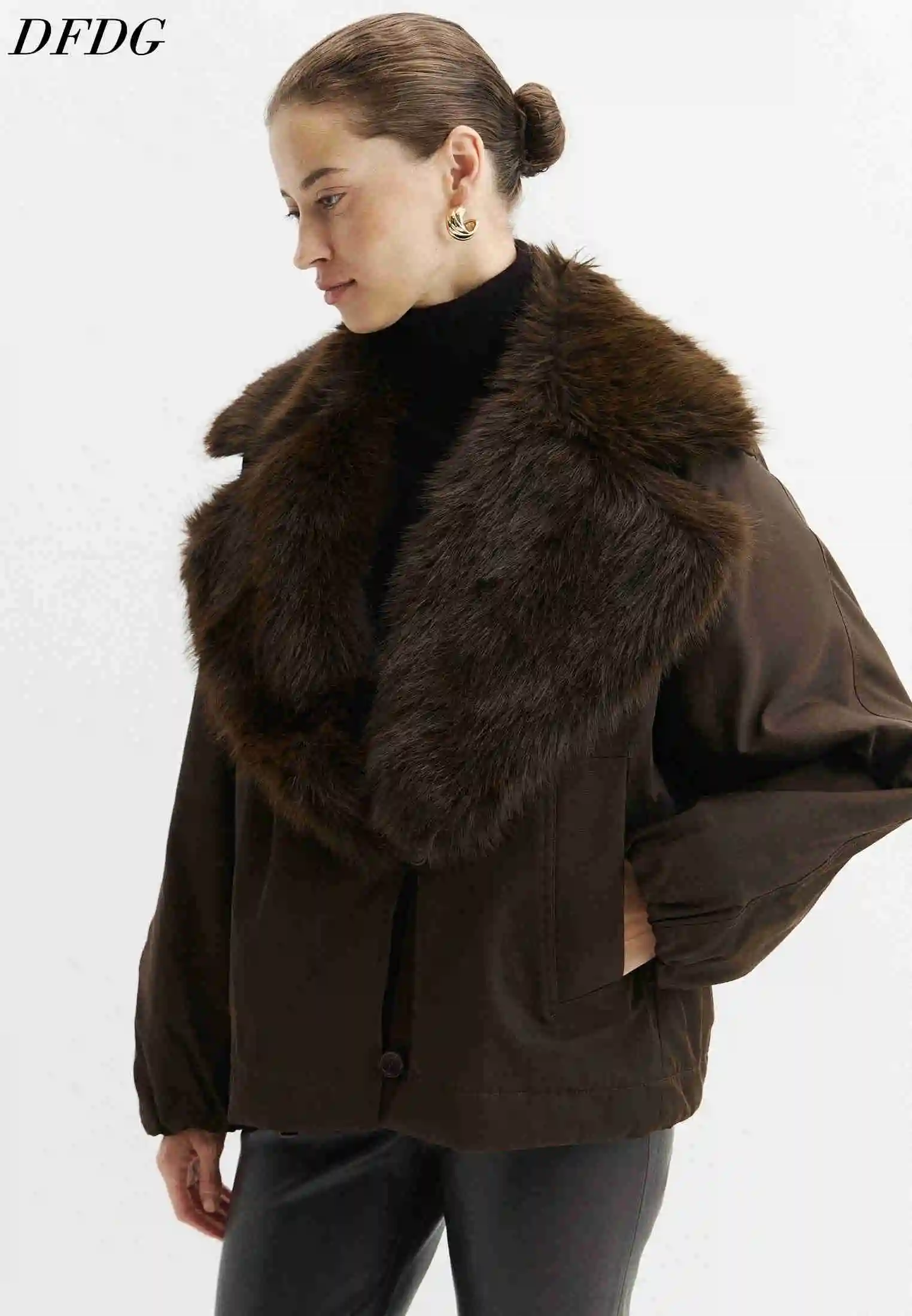 DFDG Women Faux Fur Big Lapel Cargo Jacket Loose Fit Button Front Casual Winter Warm Outer Coat With Side Pockets Causal Coat